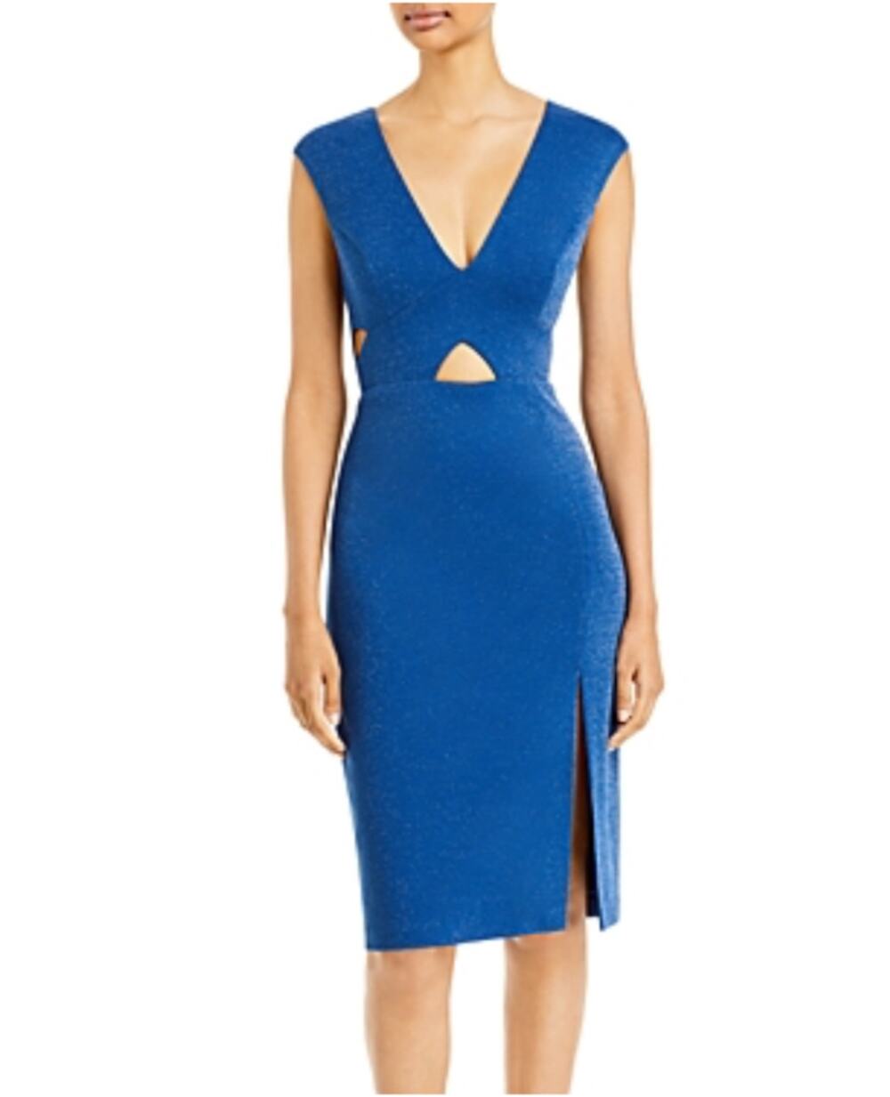 Aidan Mattox Blue Cocktail Dress Sleeveless Metallic Cut Out Midi Sheath Size 12
